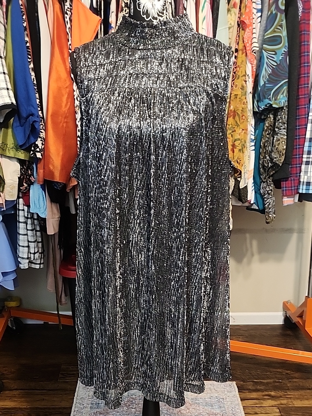 Nine West Metallic Black & Silver High Neck Midi Dress